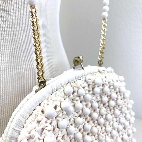 Vintage 60s Ritter White Raffia Plastic Beaded Purse Handbag Mod Hippie Wedding - Picture 3 of 15